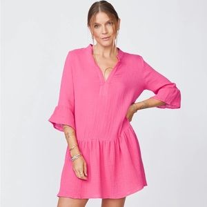 NWT Monrow Easy Mini Dress in Deep Pink, Bell Sleeves, 100% Cotton. Size S.